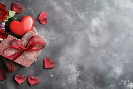 A romantic Valentine's Day gift with a red heart, red rose and petals on a gray background.の写真素材