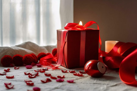 A red gift box with a ribbon tied around it sits next to a burning candle on a white tablecloth,...