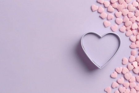 A heart shaped cookie cutter on a lavender background with pink heart sprinkles.