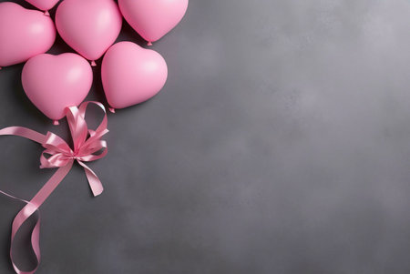 Pink heart-shaped balloons tied together with a pink ribbon on a gray background.の写真素材