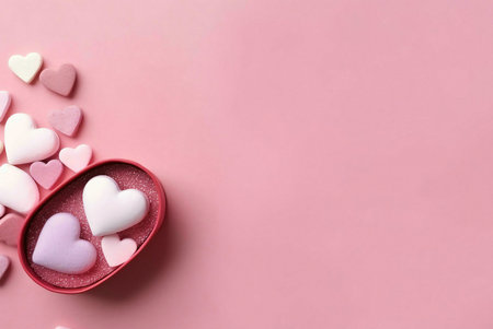 A pink background with a red box filled with hearts of different colors, celebrating the love and joy of Valentine's Day.の写真素材