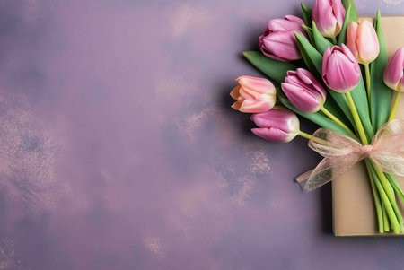A beautiful bouquet of pink tulips tied with a ribbon on a purple background. The flowers are arranged in a simple and elegant way, making them perfect for a special occasion.の写真素材