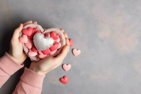 A pair of hands lovingly cradles a heart-shaped pillow filled with small pink hearts, symbolizing love and affection.の写真素材