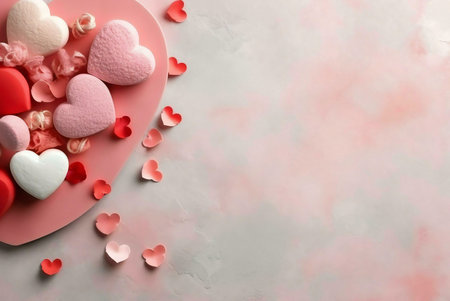 A collection of pink and red hearts on a pink surface.の写真素材