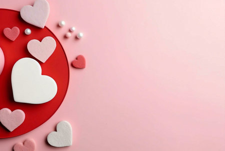 Red and white hearts on a red plate on a pink background.