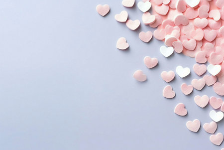 Pink hearts scattered on a purple background.の写真素材