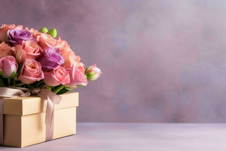 Closeup of a bouquet of pink and purple roses in a gift box, symbolizing love, celebration, and romance. The soft pastel colors and delicate petals create a beautiful and elegant image.の写真素材