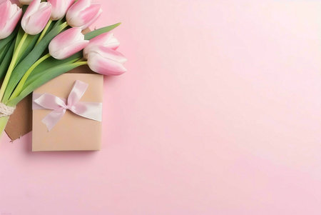 A beautiful bouquet of pink tulips with a gift box wrapped in brown paper and tied with a pink ribbon. The flowers are placed on a pink background.の写真素材