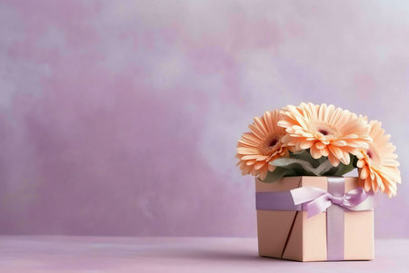 A delicate bouquet of gerbera daisies sits in a pink gift box tied with a purple ribbon, a perfect gift for any occasion. The pastel background complements the soft beauty of the flowers.の写真素材
