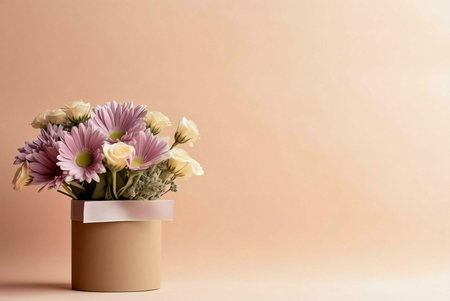 A beautiful bouquet of pink and white flowers in a box, placed on a pastel background.