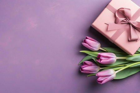 A bouquet of pink tulips with stems and leaves, along with a pink gift box tied with a ribbon, laid...