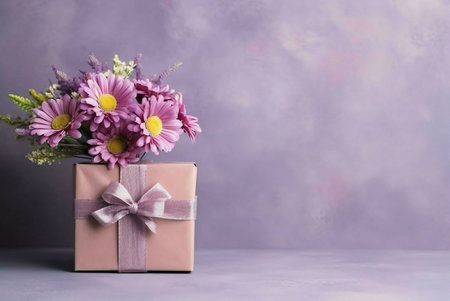 A beautiful pink flower bouquet sits atop a gift box, creating a festive and delightful scene.の写真素材