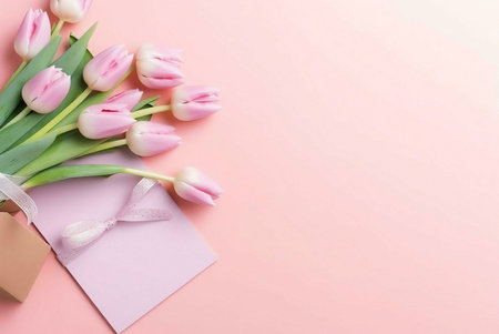 A bouquet of pink tulips on a pink background with an envelope tied with a ribbon.の写真素材