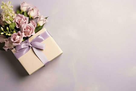 A beige gift box adorned with a lavender ribbon and a stunning bouquet of pink roses.の写真素材