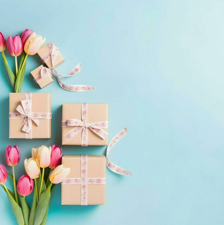 Flat lay of wrapped gifts with pink tulips on a light blue background.