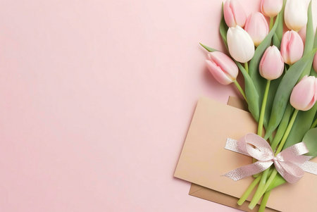 A bouquet of pink tulips tied with a ribbon, next to a brown envelope, on a pink background. The...