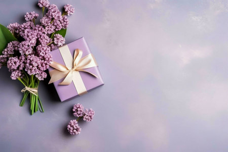 A bouquet of lilac flowers sits next to a wrapped gift box with a purple background.