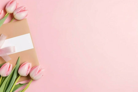 Pink tulips and a gift card with ribbon on a pink background