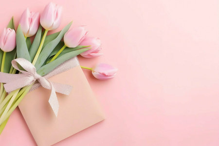 A bouquet of pink tulips tied with a ribbon on a pink background with a blank envelope. The image is perfect for a card or social media post about love, romance, or spring.の写真素材