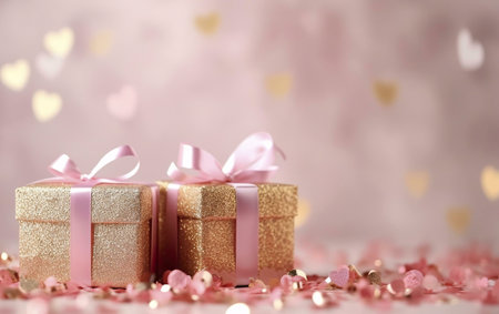 Two golden gift boxes with pink ribbons on a pink background surrounded by pink confetti, creating a festive and romantic atmosphereの写真素材