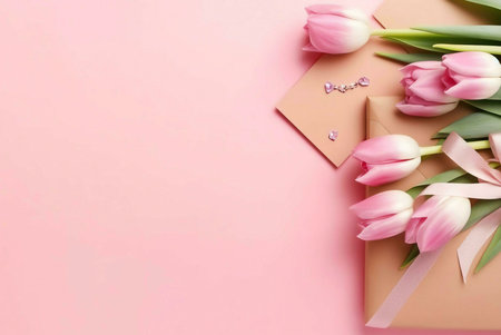 Pink tulips in a bouquet with ribbon and envelopes on a soft pink background.の写真素材