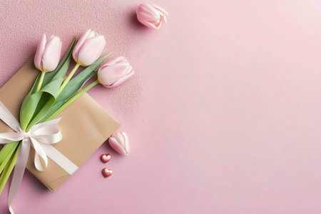 Pink tulips arranged in a bouquet, tied with a white ribbon, on a pink background with a brown gift wrap and small heart shaped decorations. The bouquet is at the bottom left of the image.の写真素材