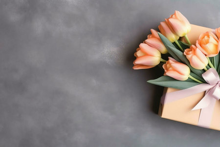 A gift box tied with a pink ribbon and adorned with a bouquet of delicate peach tulips, a beautiful...