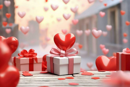 A white gift box with a pink ribbon, topped with a large red heart, sits amidst falling hearts. Perfect Valentine's Day image.の写真素材