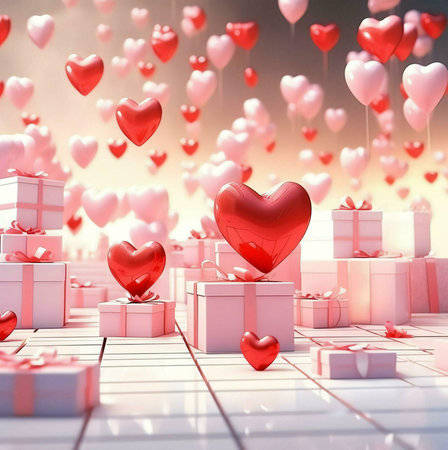 A romantic Valentine's Day scene with floating heart balloons and gift boxes. Perfect for cards or...