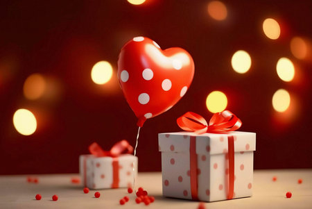 A red heart-shaped balloon with white polka dots and a gift box with a red bow. The background is a...