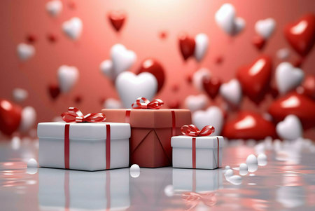 Three gift boxes with red ribbons and a background filled with red and white hearts