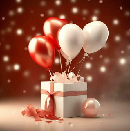 A white gift box with a red ribbon is decorated with colorful balloons. It is a perfect present for...