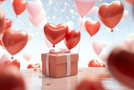 A gift box with two heart-shaped balloons sits among many more, creating a romantic Valentine's atmosphere.の写真素材