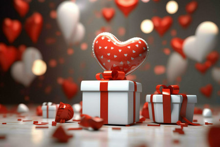 A close-up of two white gift boxes with red ribbons, decorated with a heart shaped balloon and...