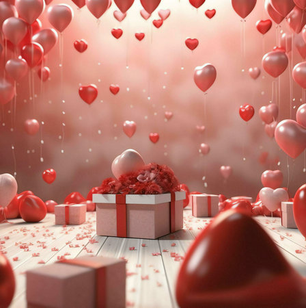 A pink gift box with red ribbon sits on a wooden floor surrounded by red and pink heart-shaped balloons. The scene is filled with love and romance, perfect for Valentine's Day.の写真素材