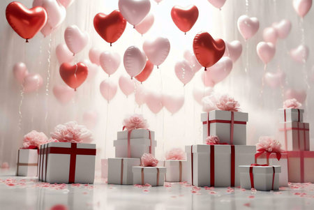White gift boxes with red ribbons adorned with pink flowers surrounded by pink and red heart-shaped balloons for Valentine's dayの写真素材