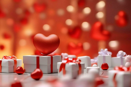Red heart on a white gift box, surrounded by other boxes and a bokeh of red hearts in the background.の写真素材