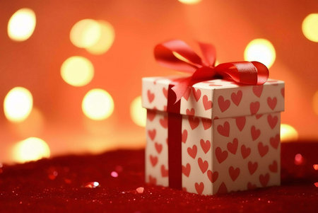 Close up of a beautifully wrapped gift box with a red ribbon and heart pattern against a sparkling...