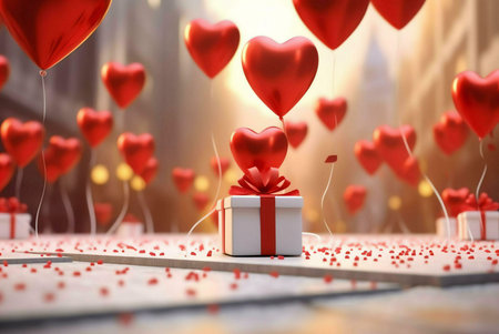 Red heart balloons floating above a gift box with a red ribbon, a symbol of love and romance.