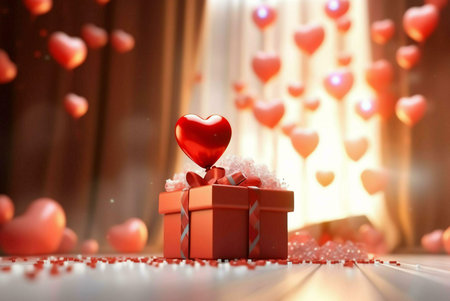 Red gift box with heart on top surrounded by floating heartsの写真素材