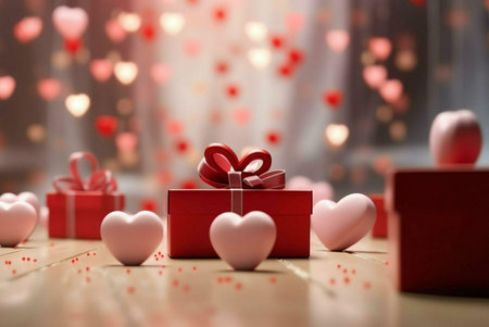Red presents with pink hearts, a romantic Valentine's Day scene.
