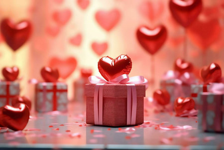A pink gift box with a red heart balloon on top, surrounded by more hearts and confetti. Perfect for...