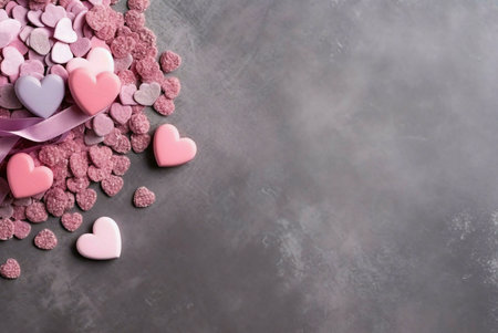 Pink hearts and sprinkles arranged on a gray background, creating a romantic and festive scene for...
