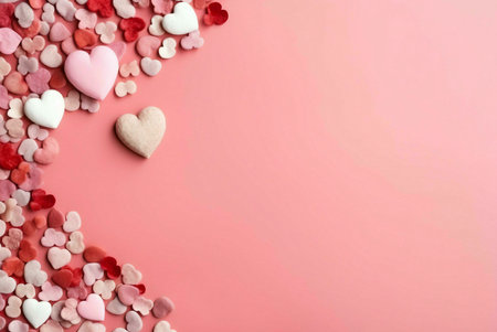 A close-up image of pink and white hearts scattered on a pink background.