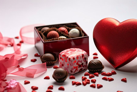 A box of assorted chocolates, a heart-shaped box, and red ribbons on a white background, a perfect Valentine's Day gift.の写真素材