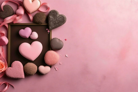 Closeup of pink and brown heart-shaped chocolates and candies on a pink background. The image is perfect for Valentine's Day.の写真素材
