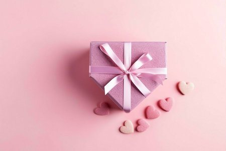 A lovely pink gift box tied with a ribbon, surrounded by pink heart-shaped candies. Perfect for...