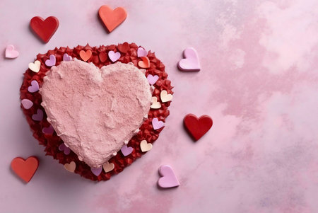 A pink heart-shaped cake with red and pink hearts as decorations for a Valentine's Day celebration.の写真素材