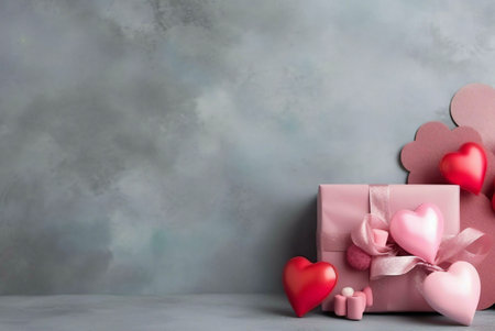 A beautiful pink gift box with a satin ribbon and hearts on a gray textured background.