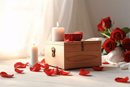 A close-up shot of a wooden box with a red ribbon, lit candles and scattered rose petals. The image...